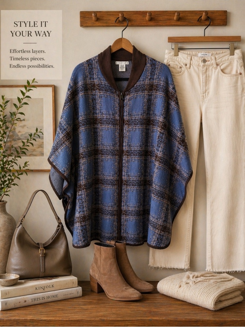 Max Studio Plaid Cape Cardigan Oversized Cozy Fall Layering One Size - Picture 2 of 4